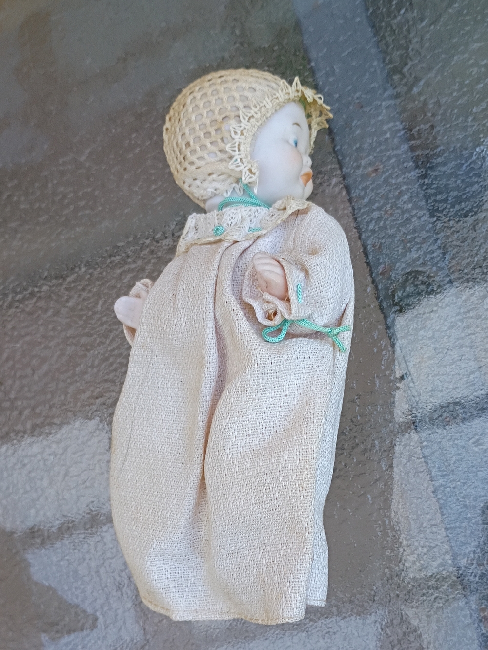 Porcelain Baby Doll Figurine in Cream with Teal Trim